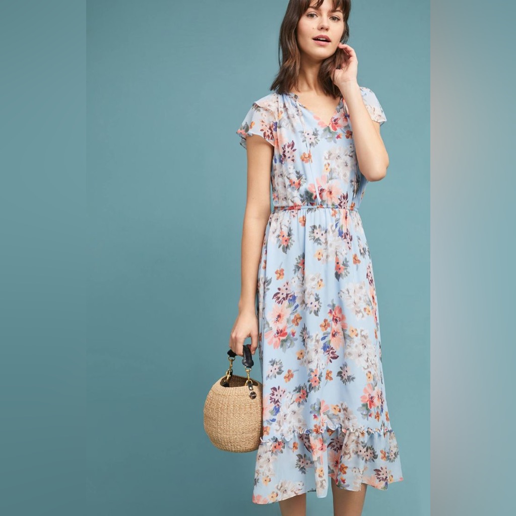 Shoshanna X Anthropologie Blue Floral Ruffle Maxi Dress Size 6 Coquette Vacay